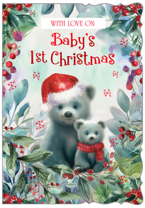 Celebrate a truly special milestone with our adorable 'Baby First Xmas' card. This charming design captures the magic of a little one's first Christmas, featuring two delightful blue bears – a loving parent bear in a Santa hat and a sweet baby bear wrapped in a red scarf. They are beautifully framed by lush, frosted foliage and vibrant red berries, with delicate snowflakes adding to the festive cheer. The heartfelt message 'WITH LOVE ON Baby's 1st Christmas' makes this card a perfect keepsake. Crafted with care by Out of The Blue Studios Ltd, these cards are ideal for welcoming new arrivals to the festive season. Available in a convenient pack of 6, they're sure to bring joy to any new family.