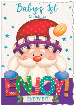 Mark a truly special occasion with our delightful 'Baby's First Christmas' card! This charming design captures the magic of a little one's inaugural festive season. Featuring an irresistibly cute, rosy-cheeked Santa Claus, adorned with a festive patterned hat and a wonderfully fluffy beard, it's sure to bring joy. Scattered blue stars add a whimsical touch to the background. The vibrant, playful lettering proudly declares 'ENJOY!' with the heartfelt message 'EVERY BIT!' below, making it the perfect keepsake. From Out of The Blue Studios Ltd., these heartwarming cards are supplied in a convenient pack of 6, ready to share the festive cheer.