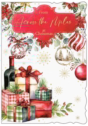 Send warm wishes this festive season with our beautiful 'Across The Miles' Christmas card. Perfect for loved ones far away, this card features a charming watercolour design by Out of The Blue Studios Ltd.

Adorned with festive poinsettias, elegant baubles, and a delightful stack of gifts alongside a wine bottle, it evokes the true spirit of Christmas. The rich red banner with gold script adds a touch of classic elegance, while subtle snowflakes complete the winter scene.

Stock up on these heartfelt cards, available in a convenient 1x6 pack, and help your customers share their love across any distance this Christmas.