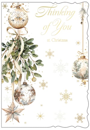 Bring a touch of serene elegance to your Christmas card selection with our 'Thinking Of You' design from Out of The Blue Studios Ltd. This beautiful card captures the true spirit of the season with its delicate watercolour illustrations of festive foliage, shimmering baubles, and intricate snowflakes, all in a sophisticated palette of soft greens, creams, and gold.
The heartfelt message, "Thinking of You at Christmas," makes this card perfect for customers wanting to send a warm, personal greeting to loved ones. Its timeless design ensures it will stand out on your shelves. Each pack contains 6 of these exquisite cards, offering excellent value and a charming option for your festive range. Stock up on this thoughtful design and help your customers share their Christmas wishes in style.
