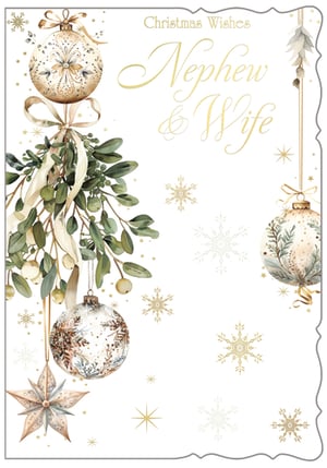 Share your festive cheer with your Nephew & Wife this Christmas with this charming card from Out of The Blue Studios Ltd. The elegant design features lush mistletoe and delicate winter foliage, adorned with beautifully detailed baubles and a festive star. A soft palette of greens, creams, and gold, complemented by scattered snowflakes, creates a serene and sophisticated look. The heartfelt "Christmas Wishes" and "Nephew & Wife" message are presented in a graceful script. This card offers a lovely way to send your greetings. Available in a convenient pack of 6.