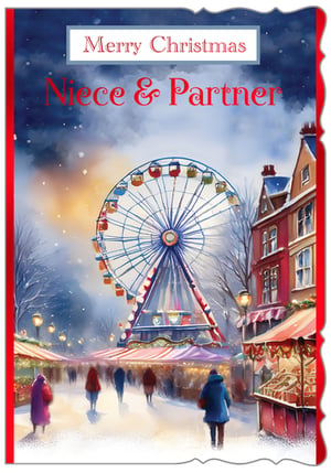 Send warm festive wishes to a special Niece & Partner this Christmas with this enchanting card. It depicts a beautiful watercolour winter market scene, complete with a majestic Ferris wheel, twinkling lights, and snow-dusted stalls. The soft, inviting colours and charming details perfectly capture the magic of the season. This delightful design, from Out of The Blue Studios Ltd., is ideal for retailers looking to offer a truly special card. Available in a convenient pack of 6, it's a wonderful addition to any festive collection.