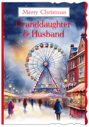 Bring the magic of a festive winter market to your Christmas card selection with this enchanting design from Out of The Blue Studios Ltd. Perfect for sending warm wishes to a beloved Granddaughter & Husband, this card captures the joyful spirit of the season.

The charming illustration features a bustling Christmas market scene, complete with a magnificent Ferris wheel glowing with lights, snow-dusted stalls, and happy shoppers. The artistic style evokes a sense of warmth and nostalgia, making it a truly special card to receive.

Offer your customers this heartwarming design, available in a convenient pack size of 1x6, and help them share their love and festive cheer this Christmas.