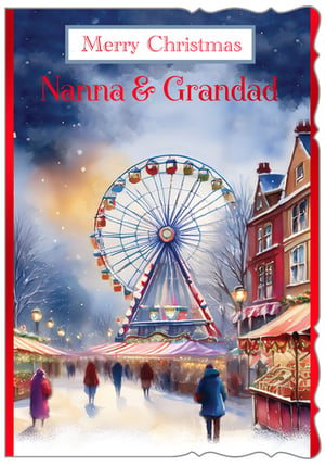 Introduce a touch of festive charm to your Christmas card selection with our 'Nanna & Grandad' card, from Out of The Blue Studios Ltd. This delightful card features a captivating watercolour illustration of a magical winter market, complete with a grand Ferris wheel, twinkling lights, and bustling stalls under a snowy sky. The warm, inviting scene is perfect for conveying heartfelt Christmas wishes to beloved grandparents. Its traditional yet whimsical design is sure to appeal to customers looking for something special. Available in a convenient pack size of 1x6, these cards are ready to brighten up your shelves and bring joy to families this holiday season.