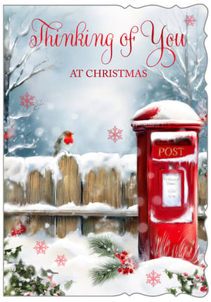 Capture the magic of a snowy Christmas with our 'Thinking Of You' card. This enchanting design from Out of The Blue Studios Ltd. features a charming robin perched on a snow-laden fence, beside a classic red post box. Delicate snowflakes drift around festive holly and pine, creating a truly heartwarming scene.
The elegant 'Thinking of You AT CHRISTMAS' message makes this the perfect way for customers to send warm wishes to loved ones near and far. Ideal for those who appreciate traditional festive imagery and a touch of winter wonder. Available in convenient packs of 6, these cards are a delightful addition to your seasonal collection.