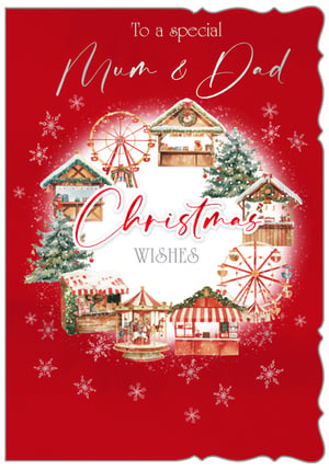 This enchanting Christmas card is the perfect way to send heartfelt wishes to a special Mum & Dad. The design beautifully captures the festive spirit with a charming Christmas market scene, complete with twinkling Ferris wheels, a classic carousel, and delightful stalls nestled amongst snow-dusted trees. Delicate snowflakes sparkle against a rich red background, creating a truly magical and traditional feel.

The elegant script 'To a special Mum & Dad, Christmas Wishes' makes this card a warm and memorable choice for beloved parents.

Available in a convenient 1x6 pack size from Out of The Blue Studios Ltd.