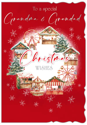 Help your customers send the warmest festive greetings with this enchanting 'Grandma & Grandad' Christmas card from Out of The Blue Studios Ltd. This beautifully designed card features a charming Christmas market scene, complete with traditional stalls, a classic carousel, and Ferris wheels, all nestled amongst snow-dusted Christmas trees. Delicate snowflakes adorn the rich red background, which is framed by a decorative border, adding to its festive appeal. The heartfelt message, 'To a special Grandma & Grandad' and 'Christmas Wishes', makes it the perfect choice for showing love and appreciation during the holidays. Stock up with our convenient 1x6 pack size and offer your shoppers a truly special way to celebrate.