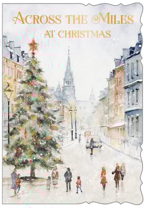 Send warm wishes this festive season with our beautiful 'Across The Miles' Christmas cards. This enchanting watercolour design from Out of The Blue Studios Ltd captures the magic of a snowy Christmas street scene, complete with a magnificent, decorated tree and bustling figures enjoying the winter wonderland.

The charming illustration evokes a sense of nostalgia and connection, perfect for reaching out to loved ones near and far. With its delicate brushstrokes and festive sparkle, each card is a little piece of art, ready to convey heartfelt greetings.

Available in a convenient pack of 6, these cards are ideal for sharing the joy and warmth of Christmas, no matter the distance. Make this holiday season extra special with a touch of classic festive charm.