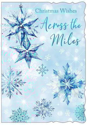 Send heartfelt festive greetings with our 'Across The Miles' Christmas cards from Out of The Blue Studios Ltd. This exquisite design captures the magic of winter with stunning watercolour-effect blue and white snowflakes and elegant star ornaments, set against a serene, sparkling blue background. The beautiful artwork and thoughtful message make it the perfect choice for connecting with loved ones near and far this holiday season. Each card radiates a sense of peace and joy, ensuring your customers can share their warmest wishes. Available in a convenient pack size of 1x6, these cards are a must-have for your seasonal collection.