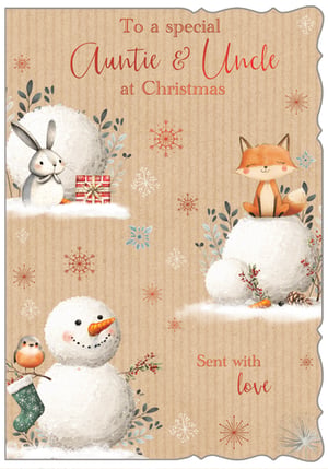 Offer your customers a truly heartwarming choice this Christmas with our 'Auntie & Uncle' card. From Out of The Blue Studios Ltd., this delightful design features an enchanting winter wonderland, complete with a sweet rabbit, a charming fox, and a cheerful snowman, all adorned with festive snowflakes and berries on a rustic kraft background. The message 'Sent with love' adds a personal touch. Supplied in a convenient pack of 6 (1x6), these cards are perfect for retailers seeking a popular and endearing option for special family members. A wonderful way to spread festive cheer!