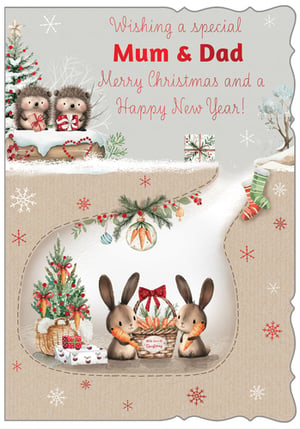 Make Mum & Dad's Christmas extra special with this enchanting greeting card! This delightful design features an adorable scene of two hedgehogs exchanging gifts by a festive Christmas tree, nestled in a snowy landscape. The magic continues below with a charming cut-out revealing two sweet bunnies holding carrots, surrounded by more presents and a whimsical carrot-decorated tree. With its heartwarming message, 'Wishing a special Mum & Dad Merry Christmas and a Happy New Year!', this card is the perfect way to send festive cheer and show your love to your parents. A truly unique and memorable card for the holiday season.