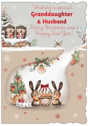 Bring festive cheer to your customers with this utterly charming Christmas card, specially designed for a Granddaughter and her Husband. The delightful front features two adorable hedgehogs exchanging gifts under a snowy Christmas tree, setting a heartwarming winter scene. A unique cut-out reveals an enchanting lower section, where two sweet bunnies are surrounded by festive carrot-themed decorations and presents. With its whimsical design and heartfelt message, this card is perfect for celebrating the season. Supplied by Out of The Blue Studios Ltd., this product comes in a convenient pack of 6, ready to add a touch of festive magic to your retail display.