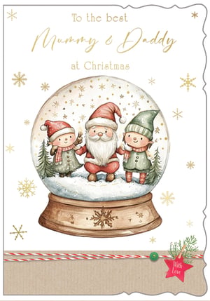 Celebrate the festive season with our adorable 'Mummy & Daddy' Christmas card, perfect for showing appreciation to parents. This charming design from Out of The Blue Studios Ltd. features a delightful watercolour snow globe scene, complete with a jolly Santa Claus and two sweet little elves, all nestled in a snowy wonderland. Scattered golden snowflakes add a touch of sparkle. The card is beautifully finished with a rustic kraft paper effect, festive string, and a 'With Love' tag, making it a truly heartwarming choice. Stock up with our convenient pack size of 1x6 and offer your customers a truly special way to wish Mummy and Daddy a very Merry Christmas.