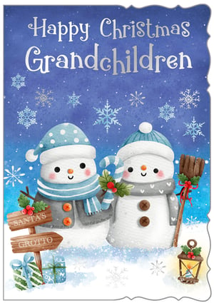 Bring joy to your little ones this Christmas with our delightful 'Grandchildren' Christmas card! This charming design features two adorable snowmen, beautifully illustrated in a soft watercolour style, surrounded by festive snowflakes. One snowman holds a candy cane and holly, while the other is ready for winter fun with a broom. A whimsical 'Santa's Grotto' signpost and wrapped gifts add to the magical scene, making it the perfect card to send warm wishes. Crafted with care by Out of The Blue Studios Ltd, these high-quality cards are sure to bring smiles. Available in a convenient pack of 6, they're ideal for retailers looking to offer heartwarming festive greetings.