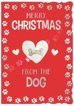 Bring a wagging tail to your Christmas card selection with our delightful 'From The Dog' card! Perfect for pet lovers, this charming design features a vibrant red background adorned with shimmering silver paw prints, creating a festive border. At its heart, a sweet white heart cradles a classic dog bone, surrounded by playful pink paw prints and smaller hearts. The bold silver lettering proudly declares 'MERRY CHRISTMAS FROM THE DOG', making it an irresistible choice for customers wanting to send festive greetings from their beloved canine companion. Supplied by Out of The Blue Studios Ltd., each pack contains 6 of these heartwarming cards, ready to add a touch of paw-some joy to any Christmas display.