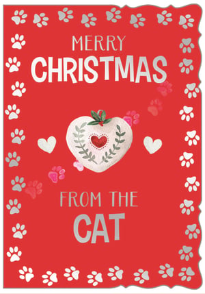 Introduce a touch of feline charm to your Christmas card collection with our delightful 'From The Cat' cards, brought to you by Out of The Blue Studios Ltd. These charming cards feature a vibrant red background, beautifully framed with shimmering silver paw prints.

At the heart of the design, a lovely white heart adorned with festive foliage and berries, alongside playful pink paw prints, creates a truly heartwarming scene. The clear message, 'MERRY CHRISTMAS FROM THE CAT', is printed in elegant silver, making it an ideal choice for any cat owner to send their seasonal greetings. Stock up with our convenient pack of 6 and add a unique, purr-fectly festive option to your range this year.