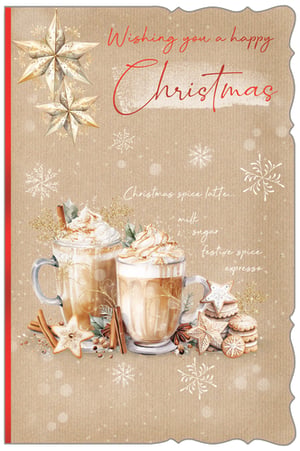 Embrace the warmth of the season with our charming 'Open Female' Christmas card. This delightful design features two inviting mugs of spiced latte, beautifully adorned with whipped cream, cinnamon sticks, and festive star-shaped biscuits. Against a rustic kraft background, delicate snowflakes and shimmering golden stars add a touch of winter magic. The heartfelt message, 'Wishing you a happy Christmas', makes this card a wonderful choice for any female recipient. Perfect for spreading festive cheer, each wholesale pack contains 6 of these lovely cards, ready to bring joy this holiday season.