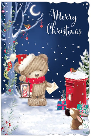 Bring a touch of festive magic to your shelves with this adorable Christmas card! Featuring a charming knitted teddy bear in a Santa hat and red scarf, holding a lantern and an envelope, ready to send season's greetings. Set against a beautiful snowy, moonlit night, complete with a classic red post box, a friendly robin, and a curious bunny, this card captures the true spirit of Christmas. The elegant "Merry Christmas" script adds a perfect finishing touch. Supplied by Out of The Blue Studios Ltd, this 'Open Female' card comes in a convenient 1x6 pack, making it ideal for your customers to send warm wishes to their loved ones.