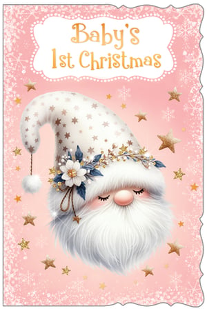 Celebrate a precious milestone with our adorable Baby First Xmas card! This charming design features a sweet, sleepy gnome adorned with a starry hat and delicate floral wreath, all set against a soft pink background with shimmering snowflakes and golden stars. The 'Baby's 1st Christmas' message is beautifully presented, making this the perfect keepsake for new parents. Crafted by Out of The Blue Studios Ltd, these heartwarming cards come in a convenient pack of 6, ready to bring joy to your customers. A truly enchanting way to mark a baby's very first festive season.