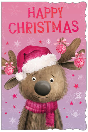 Bring a touch of adorable festive cheer to your Christmas card selection with this delightful design from Out of The Blue Studios Ltd. Our 'Open Female' card features the sweetest reindeer, complete with a snug pink Santa hat, a sparkly matching scarf, and charming pink baubles adorning its antlers. Set against a whimsical pink and purple background dotted with snowflakes and stars, this card radiates warmth and joy. Its endearing character and vibrant colours make it a perfect choice for sending heartfelt Christmas wishes. Available in a convenient pack of 6, it’s an irresistible option for customers looking for something truly special this holiday season.