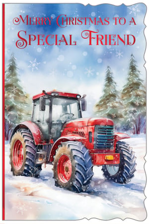 Send warm festive wishes to a special friend this Christmas with this charming card from Out of The Blue Studios Ltd. Featuring a beautifully painted red tractor amidst a serene, snowy landscape with festive pine trees and delicate snowflakes, this card captures the magic of a winter wonderland. The heartfelt message, 'Merry Christmas to a Special Friend,' is presented in an elegant red script, making it perfect for conveying your warmest greetings. Ideal for male friends, this unique watercolour design offers a touch of rustic charm and festive cheer. Available in a convenient pack of 6, ensuring you're well-stocked for the season.