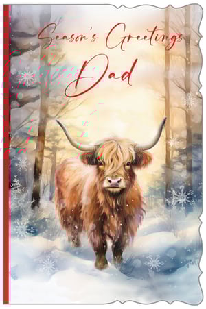 Offer your customers a truly special way to greet their fathers this festive season with our 'Dad' Season's Greetings card. This charming design showcases a magnificent Highland Cow, standing majestically in a serene, snowy woodland scene, complete with falling snowflakes and warm, inviting light. The beautiful painterly illustration perfectly captures the magic of winter. With "Season's Greetings Dad" elegantly scripted on the front, it's an ideal choice for sending warm wishes. From Out of The Blue Studios Ltd., this delightful card comes in a convenient pack of 6, ready to add a unique touch to your Christmas card selection.
