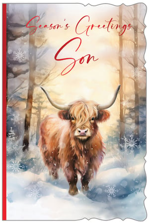 Send heartwarming festive wishes to a special Son this Christmas with our charming 'Son' card. This beautifully illustrated design features a majestic Highland cow, standing proudly amidst a serene, snow-dusted forest. The soft, artistic style, complete with delicate falling snowflakes and a warm glow, creates a truly captivating winter scene.
The elegant 'Season's Greetings Son' message in red script perfectly complements the rustic charm of the artwork. This unique card is ideal for customers seeking something distinctive and heartfelt for their son during the festive season.
Supplied by Out of The Blue Studios Ltd, each pack contains 6 cards, ensuring you're well-stocked with this delightful design.