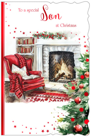 Help your customers celebrate their son this Christmas with this wonderfully warm and inviting card from Out of The Blue Studios Ltd. This beautiful design features a classic festive scene, complete with a cosy armchair, a crackling fireplace, a bookshelf, and a beautifully decorated Christmas tree. The rich watercolour illustration evokes a sense of comfort and tradition, making it the perfect way to send heartfelt wishes. A truly special card that captures the magic of the season. Supplied in a handy pack size of 1x6, ready for your seasonal display.