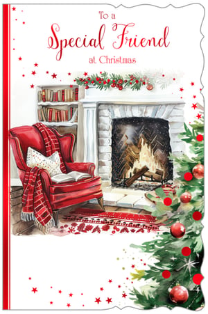 Send warm festive wishes to a cherished friend this Christmas with our delightful 'To a Special Friend' card. This beautifully illustrated card captures the true spirit of the season with a wonderfully cosy scene.
Featuring a crackling fireplace, an inviting armchair with a book and blanket, and a charmingly decorated Christmas tree, it creates a warm and inviting atmosphere. Adorned with festive red stars and a classic garland, it's the perfect way to let a special friend know you're thinking of them.
Each card is crafted with care by Out of The Blue Studios Ltd, ensuring a touch of quality for your customers. Available in a convenient pack of 6, these cards are a lovely addition to your Christmas collection.