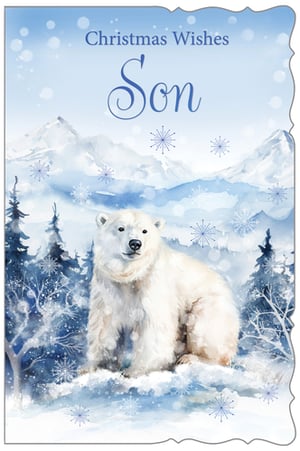 Make Christmas extra special for sons this year with our enchanting 'Son' Christmas card. From the talented artists at Out of The Blue Studios Ltd., this card features a breathtaking watercolour scene of a majestic polar bear nestled in a serene, snowy landscape. Snow-capped mountains and frosted pine trees create a magical winter wonderland, adorned with delicate snowflakes. The elegant 'Christmas Wishes Son' message is beautifully scripted, adding a personal touch. This truly heartwarming design is perfect for conveying festive love and warmth. Stock up on this delightful card, available in a convenient pack size of 1x6, and offer your customers a truly memorable way to celebrate the season.