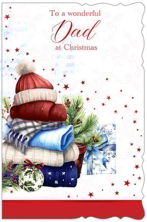 Celebrate Dad this Christmas with our delightful 'Dad' card, a truly heartwarming choice for your festive collection. This charming design captures the essence of a cozy winter, featuring a beautifully illustrated stack of knitwear – from a bobble hat and soft sweaters to a classic plaid scarf. Festive pine branches, vibrant red berries, and a sparkling Christmas bauble add to the seasonal cheer, alongside a thoughtfully wrapped gift. The elegant message, 'To a wonderful Dad at Christmas', is perfect for expressing love and appreciation. Crafted with care by Out of The Blue Studios Ltd., these high-quality cards are supplied in a convenient pack size of 1x6, ready to bring warmth and joy to your customers' Dads this holiday season.