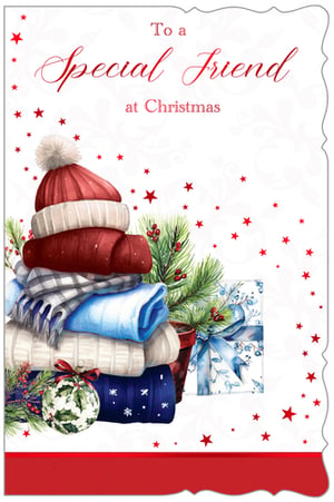 Celebrate the festive season with our heartwarming 'To a Special Friend at Christmas' card, perfect for showing appreciation to those who mean the most. This beautifully illustrated card features a charming stack of cosy winter knits, complete with a bobble hat, nestled amongst festive pine branches and bright red berries. Scattered stars add a touch of Christmas magic, while a beautifully wrapped gift and a classic bauble complete the scene. Designed by Out of The Blue Studios Ltd., this card offers a wonderfully warm and friendly sentiment. Available in a convenient pack of 6, it's an ideal choice for your customers looking to send a special Christmas greeting.