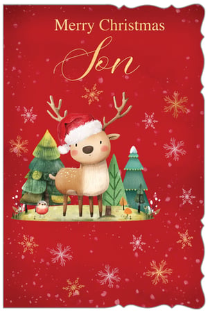 Make your son's Christmas truly special with this adorable 'Merry Christmas Son' card from Out of The Blue Studios Ltd. Featuring a charming reindeer in a Santa hat, surrounded by festive Christmas trees, delicate snowflakes, and a sweet little robin, this card is sure to bring a smile. The warm red background and whimsical design create a truly magical feel. Perfect for expressing heartfelt festive greetings, this delightful card is available in a convenient pack size of 1x6, ready for your customers to share with their sons this holiday season.