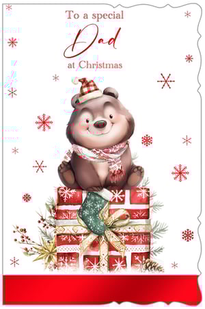 Make Dad's Christmas extra special with this adorable card from Out of The Blue Studios Ltd. Featuring a charming bear in a festive hat and scarf, perched atop a beautifully wrapped present, this card is sure to bring a smile to any Dad's face. The delightful illustration, complete with sparkling snowflakes and festive foliage, captures the warmth and joy of the season. Perfect for expressing love and appreciation, this high-quality Christmas card is a wonderful addition to your seasonal collection. Available in a convenient pack size of 1x6, ensuring you're well-stocked for the festive rush.