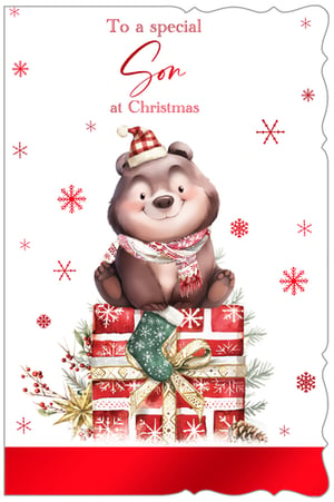 Introduce a touch of festive charm to your Christmas card selection with our 'Son' card, proudly from Out of The Blue Studios Ltd. This delightful design features an irresistibly cute bear, complete with a festive hat and scarf, sitting happily on a beautifully wrapped Christmas present. Surrounded by delicate snowflakes and seasonal foliage, the heartwarming message 'To a special Son at Christmas' makes it the perfect choice to celebrate a beloved son. Stock up easily with our convenient pack size of 1x6, ensuring you're ready for the festive rush. A truly special card for a truly special son.