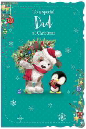 Make Dad's Christmas extra special with this wonderfully heartwarming card! Featuring an irresistibly cute fluffy dog, complete with a Santa hat and festive scarf, proudly carrying a decorated Christmas tree. A sweet little penguin friend joins the scene, holding a perfectly wrapped gift. The charming teal background, adorned with delicate snowflakes and festive trimmings, sets the perfect seasonal mood. This delightful card, with its loving 'To a special Dad at Christmas' message, is sure to bring a smile to his face. Stock up on this popular design from Out of The Blue Studios Ltd., available in a convenient pack of 6.