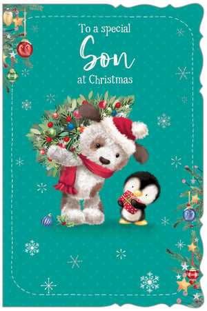 Make your Christmas card selection extra special for sons this festive season with this adorable design from Out of The Blue Studios Ltd. This charming card features a sweet, fluffy dog wearing a Santa hat and a cosy red scarf, proudly carrying a beautifully decorated Christmas tree. Alongside, a cute little penguin holds a festive gift, adding to the heartwarming scene.
Set against a delightful teal background adorned with delicate snowflakes and festive foliage, this card is sure to bring a smile to any son's face. The playful illustration and vibrant colours capture the magic of Christmas perfectly.
Available in a convenient pack of 6, these cards are ideal for retailers looking to offer high-quality, endearing Christmas greetings. Stock up now and spread some festive cheer!