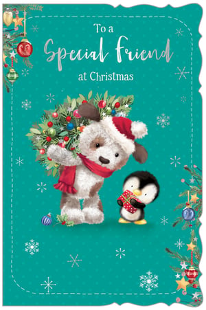 Spread festive cheer to a special friend this Christmas with our adorable card from Out of The Blue Studios Ltd. This charming design features a lovable fluffy dog, complete with a Santa hat and cosy red scarf, proudly carrying a beautifully decorated Christmas tree. A sweet little penguin friend stands by, holding a festive gift, adding an extra touch of warmth.
Against a delightful teal background adorned with snowflakes, the silver text reads 'To a Special Friend at Christmas', making it perfect for expressing your heartfelt wishes. Ideal for that wonderful male friend in your life, these cards are sure to bring a smile. Each pack contains 6 cards, ready to brighten up your Christmas card selection.