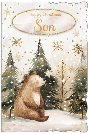 Send warm festive wishes to a special Son this Christmas with this enchanting card from Out of The Blue Studios Ltd. Featuring an adorable bear nestled in a magical, snow-dusted forest, this design is brought to life with sparkling gold glitter accents and delicate snowflakes. The charming watercolour illustration creates a truly heartwarming scene, perfect for celebrating the season. With 'Happy Christmas Son' proudly displayed, this card is sure to bring a smile to his face. Each pack contains 6 beautifully crafted cards, ready to add a touch of festive magic to your retail offering.