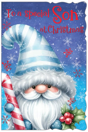 Introduce a touch of festive magic to your Christmas card collection with our charming 'Son' Christmas card. This delightful design features an adorable, fluffy gnome wearing a stylish blue and white striped hat, ready to spread holiday cheer. He's pictured holding a classic candy cane and a sprig of festive holly, all set against a beautiful snowy blue background with twinkling snowflakes. The heartfelt message "To a special Son at Christmas" makes this card the perfect way for customers to show their love. Supplied by Out of The Blue Studios Ltd., these wonderful cards come in a convenient pack size of 1x6, ensuring you're well-stocked for the season. A truly special card for a special son!