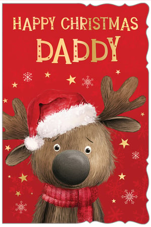 Bring a smile to every Daddy this Christmas with this adorable card from Out of The Blue Studios Ltd. Featuring a charming reindeer in a festive Santa hat and cosy scarf, set against a vibrant red background adorned with golden stars and delicate snowflakes. The heartfelt message 'HAPPY CHRISTMAS DADDY' stands out in shimmering gold, making it the perfect choice for sons and daughters to send their love. This delightful design is sure to be a popular pick for your customers. Available in a convenient pack size of 1x6, ensuring you're well-stocked for the festive season.