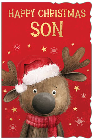 Make Christmas extra special for your customers' sons with this utterly charming Christmas card! Featuring an adorable, shy-looking reindeer wearing a festive Santa hat and a cosy red striped scarf, this design is sure to melt hearts. The vibrant red background is adorned with delicate snowflakes and twinkling gold stars, perfectly complementing the bold 'HAPPY CHRISTMAS SON' message in shimmering gold text. It's the ideal card to convey warmth and festive cheer. Supplied by Out of The Blue Studios Ltd., these delightful cards come in a convenient pack of 6, ready to brighten your seasonal display.