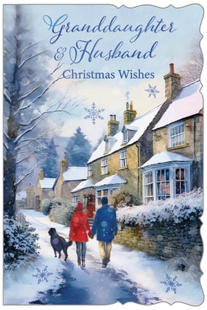 Help your customers celebrate a special bond this festive season with our 'Granddaughter & Husband Christmas Wishes' card. This charming design from Out of The Blue Studios Ltd. features a beautiful watercolour illustration of a couple and their dog enjoying a peaceful, snowy village stroll. The heartwarming scene, complete with traditional stone cottages and glistening snow, perfectly conveys the magic of Christmas. Ideal for sending warm greetings, these cards are a lovely choice for any granddaughter and her husband. Each pack contains 6 cards, making them a perfect addition to your seasonal stock. A truly delightful and popular choice for the holidays.
