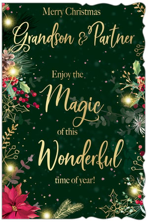 Offer your customers a delightful way to send festive greetings with this Grandson & Partner Christmas card from Out of The Blue Studios Ltd. Set against a deep green background, the design features classic Christmas foliage like holly, berries, and pine, enhanced with shimmering gold details and warm lights. The elegant gold script conveys a "Merry Christmas" and invites the recipients to "Enjoy the Magic of this Wonderful time of year!" It's a thoughtful card for grandsons and their partners. Available in a convenient pack size of 6, this design is sure to be a popular choice for the holiday season.