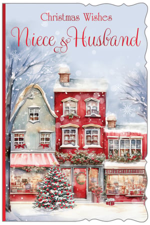 Offer your customers a truly heartwarming way to send festive cheer with our 'Niece & Husband' Christmas card. This charming design features a beautiful watercolour illustration of a snowy winter street scene, complete with cosy, decorated buildings and a twinkling Christmas tree. Delicate snowflakes and festive garlands add to the enchanting atmosphere, creating a picturesque setting that perfectly captures the magic of the season. It's the ideal choice for sending special Christmas Wishes to a beloved Niece and her Husband. Supplied by Out of The Blue Studios Ltd., this delightful card comes in a convenient pack size of 1x6, perfect for your seasonal stock.