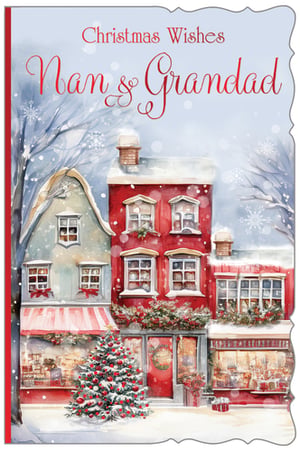 Send heartfelt Christmas wishes to Nan & Grandad with this enchanting Christmas card. Featuring a beautifully illustrated snowy street scene, it perfectly captures the magic of the festive season. Charming shopfronts, adorned with garlands and a twinkling Christmas tree, create a truly picturesque setting, all rendered in a warm, inviting watercolour style. Gently falling snowflakes complete this delightful winter wonderland. This card is the perfect way for customers to show their love and appreciation to their grandparents during the holidays. Supplied by Out of The Blue Studios Ltd, each pack contains 6 cards, ready to add a touch of festive charm to your Christmas card selection.