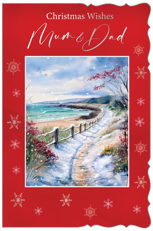 Make Christmas extra special for Mum & Dad with this enchanting card from Out of The Blue Studios Ltd. This beautiful design features a serene watercolour painting of a snowy coastal path, where a sparkling turquoise sea meets a winter wonderland. Delicate snowflakes drift across the scene, framed by a vibrant red border adorned with festive snowflake motifs. It's a truly heartwarming way to send your Christmas Wishes. Perfect for showing love and appreciation, these cards come in a convenient pack of 6, making them an excellent addition to your festive retail collection.