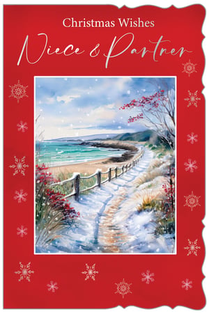 Delight your Niece & Partner this Christmas with this exquisite card. Featuring a breathtaking watercolour illustration, it depicts a peaceful snowy coastal path winding towards a shimmering turquoise sea, framed by a festive red border adorned with delicate snowflakes. The elegant silver text, 'Christmas Wishes Niece & Partner', adds a sophisticated touch. This beautiful card offers a truly special way to convey warm seasonal greetings. Stock up on this charming design, available in convenient packs of 6, perfect for your festive display.