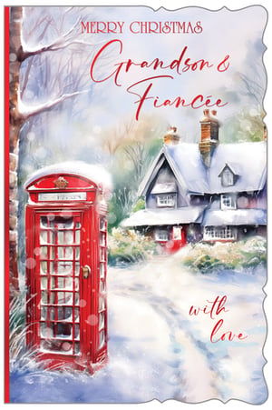 Delight your customers with this charming 'Grandson & Fiancee' Christmas card from Out of The Blue Studios Ltd. Featuring a truly picturesque winter scene, this card captures the magic of the festive season. A classic red telephone box stands proudly in the snow, with a cosy, snow-dusted cottage nestled in the background, all rendered in a beautiful watercolour style. The heartfelt message 'Grandson & Fiancee' makes it the perfect choice for a special couple. Each pack contains 6 cards, ready to bring warmth and joy to your shelves this Christmas.