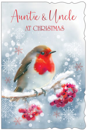 Help your customers send warm festive wishes to their beloved Auntie & Uncle with this delightful Christmas card. Featuring a charming robin perched on a snow-dusted branch, adorned with vibrant red berries and delicate snowflakes, this design beautifully captures the magic of a winter wonderland. The inviting artwork creates a truly heartwarming card, perfect for expressing love and seasonal cheer. Stock up on this popular choice from Out of The Blue Studios Ltd. Each pack contains 6 cards, ensuring you're well-prepared for the holiday season.